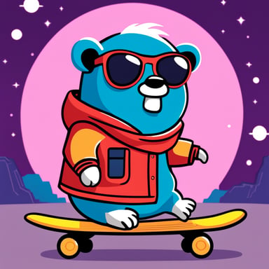 Go Blue Gopher as Marty McFly on a skateboard in space.