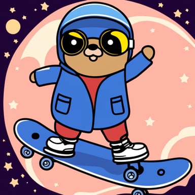 Go Blue Gopher as Marty McFly on a skateboard in space.