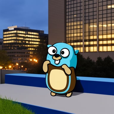 Go blue gopher as an Amex employee with Amex building in background.