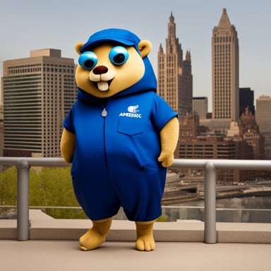 Go blue gopher as an Amex employee with Amex building in background.
