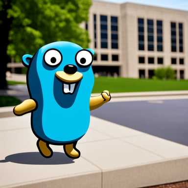 Go blue gopher as an Amex employee with Amex building in background.