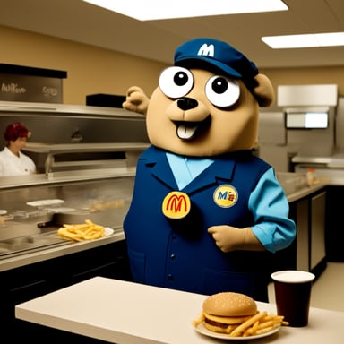 Go Blue Gopher as a McDonald's employee.