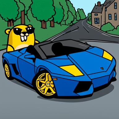 Go Blue Gopher driving a Lamborghini.