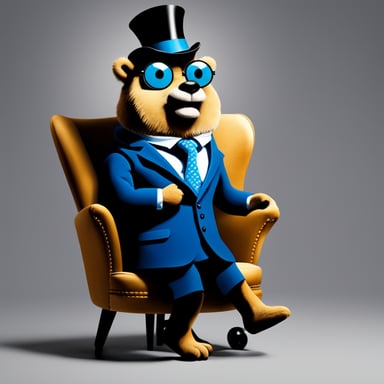 Go Blue Gopher as the CEO of American Express Company, sitting on his chair and wearing a nice suit.