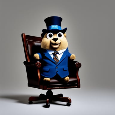 Go Blue Gopher as the CEO of American Express Company, sitting on his chair and wearing a nice suit.