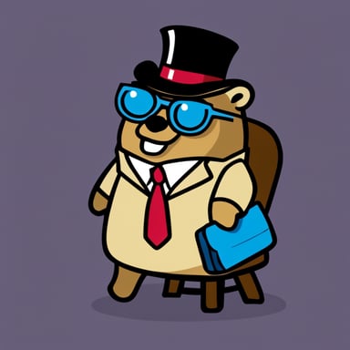 Go Blue Gopher as the CEO of American Express Company, sitting on his chair and wearing a nice suit.