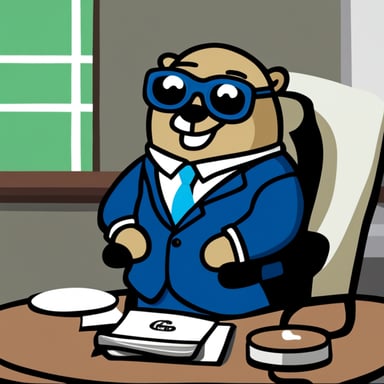 Go Blue Gopher as the CEO of American Express Company, sitting on his chair and wearing a nice suit.