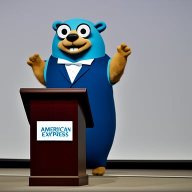 Go Blue Gopher as Steve Squeri, CEO of American Express, giving a townhall speech.