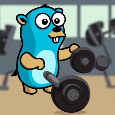 Go blue gopher at the gym showing off big biceps.