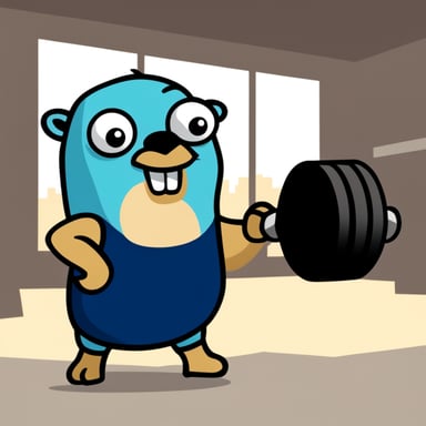 Go blue gopher at the gym showing off big biceps.