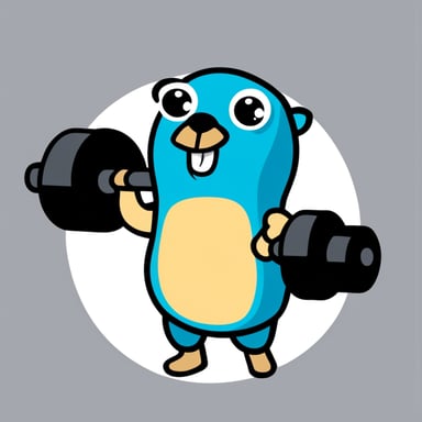 Go blue gopher at the gym showing off big biceps.