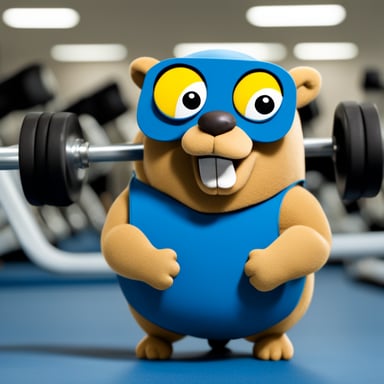 Go blue gopher at the gym showing off big biceps.