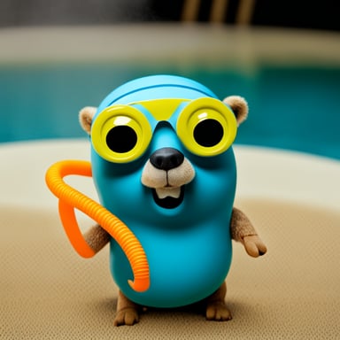 A go blue gopher wearing goggles and a snorkel, ready for a swim.