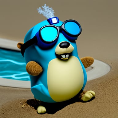 A go blue gopher wearing goggles and a snorkel, ready for a swim.