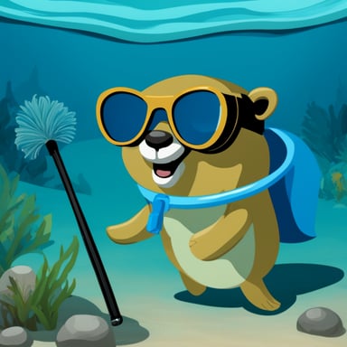 A go blue gopher wearing goggles and a snorkel, ready for a swim.