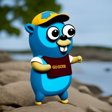Go blue gopher wearing a t-shirt that has the python logo