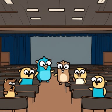Go Blue Gopher stars in a show about JavaScript, drawing mixed reactions from the audience.