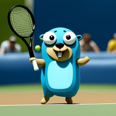 Go blue gopher playing big tennis.