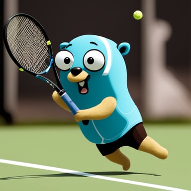 Go blue gopher playing big tennis.