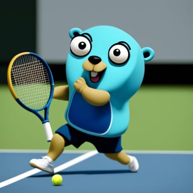 Go blue gopher playing big tennis.