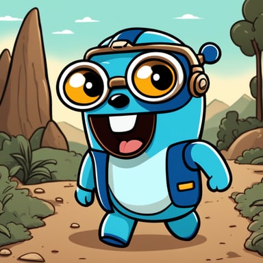 Go Blue Gopher walking along a path, styled like the Golang language and Telegram's illustrations, more robotic with visible rivets, in a cartoon style. Go Blue Gopher sports a helmet and goggles, smiles, and is blue like the Golang logo. The helmet is brown with goggles. The illustration conveys positivity, glossy with the sun shining above. Go Blue Gopher carries telegrams in a backpack, walking on a tiled path over sand, surrounded by palm trees.