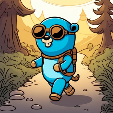 Go Blue Gopher walking along a path, styled like the Golang language and Telegram's illustrations, more robotic with visible rivets, in a cartoon style. Go Blue Gopher sports a helmet and goggles, smiles, and is blue like the Golang logo. The helmet is brown with goggles. The illustration conveys positivity, glossy with the sun shining above. Go Blue Gopher carries telegrams in a backpack, walking on a tiled path over sand, surrounded by palm trees.