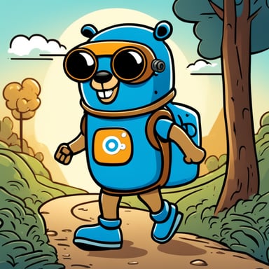 Go Blue Gopher walking along a path, styled like the Golang language and Telegram's illustrations, more robotic with visible rivets, in a cartoon style. Go Blue Gopher sports a helmet and goggles, smiles, and is blue like the Golang logo. The helmet is brown with goggles. The illustration conveys positivity, glossy with the sun shining above. Go Blue Gopher carries telegrams in a backpack, walking on a tiled path over sand, surrounded by palm trees.