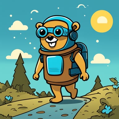 Go Blue Gopher walking along a path, styled like the Golang language and Telegram's illustrations, more robotic with visible rivets, in a cartoon style. Go Blue Gopher sports a helmet and goggles, smiles, and is blue like the Golang logo. The helmet is brown with goggles. The illustration conveys positivity, glossy with the sun shining above. Go Blue Gopher carries telegrams in a backpack, walking on a tiled path over sand, surrounded by palm trees.