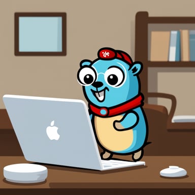 Go Blue Gopher with MacBook coding a todo application.
