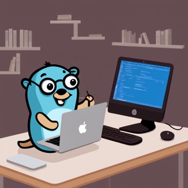 Go Blue Gopher with MacBook coding a todo application.