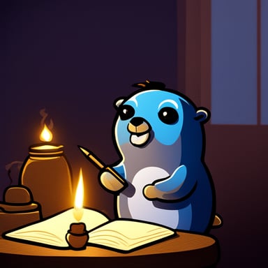 A go blue gopher in a reflective mood, writing in a journal by candlelight.