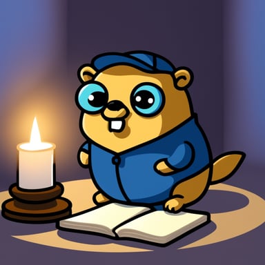 A go blue gopher in a reflective mood, writing in a journal by candlelight.