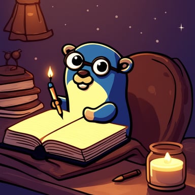 A go blue gopher in a reflective mood, writing in a journal by candlelight.