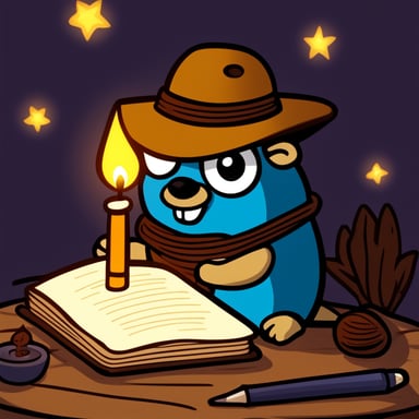 A go blue gopher in a reflective mood, writing in a journal by candlelight.