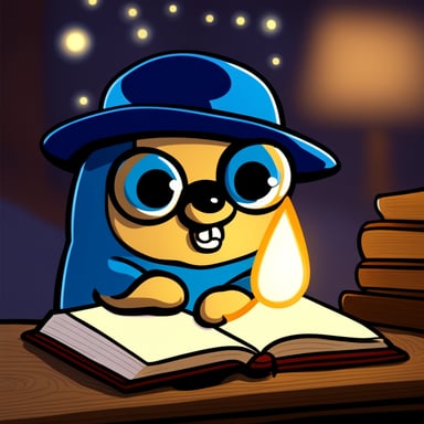 A go blue gopher in a reflective mood, writing in a journal by candlelight.