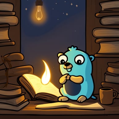 A go blue gopher in a reflective mood, writing in a journal by candlelight.