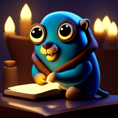 A go blue gopher in a reflective mood, writing in a journal by candlelight.