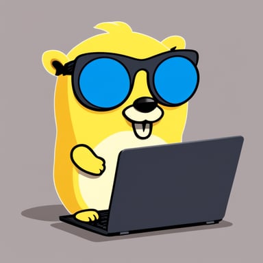 Go Blue Gopher with very bright yellow fur writing code on a laptop.
