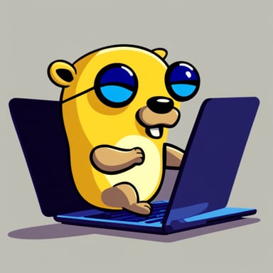 Go Blue Gopher with very bright yellow fur writing code on a laptop.