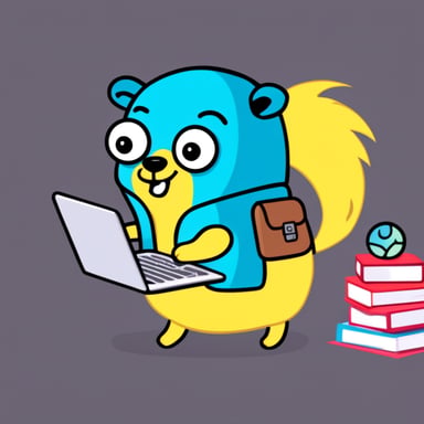 Go Blue Gopher with very bright yellow fur writing code on a laptop.