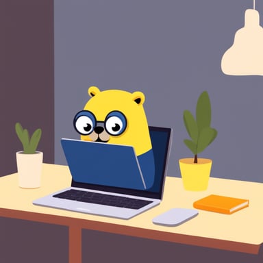 Go Blue Gopher with very bright yellow fur writing code on a laptop.