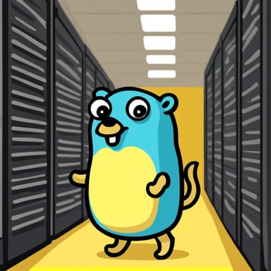 Go Blue Gopher with yellow fur walking through a datacenter.