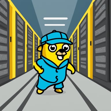 Go Blue Gopher with yellow fur walking through a datacenter.