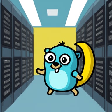 Go Blue Gopher with yellow fur walking through a datacenter.