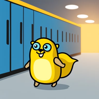 Go Blue Gopher with yellow fur walking through a datacenter.