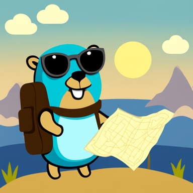 Go Blue Gopher with a traveling suitcase looking at a map.