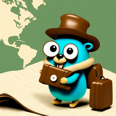Go Blue Gopher with a traveling suitcase looking at a map.