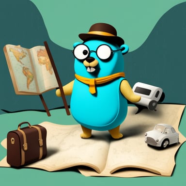 Go Blue Gopher with a traveling suitcase looking at a map.
