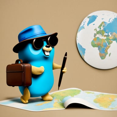 Go Blue Gopher with a traveling suitcase looking at a map.