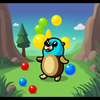 Go Blue Gopher successfully juggles 5 colored balls.